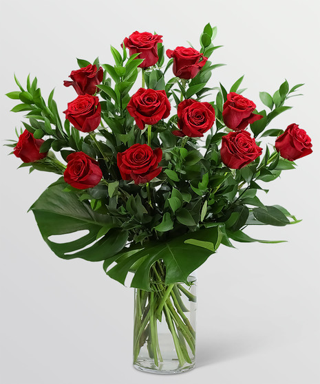 Red Roses with Modern Foliage - One Dozen Roses