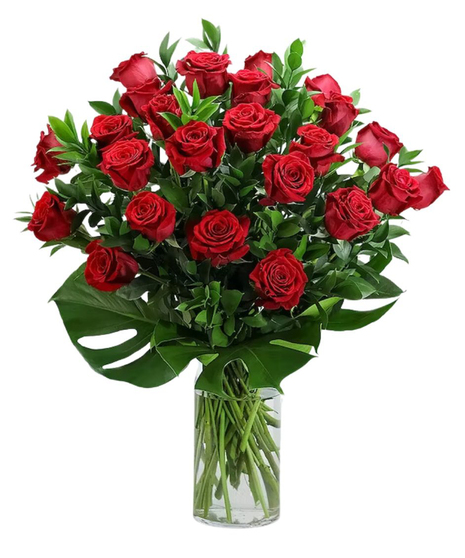 Two Dozen Roses with Modern Foliage